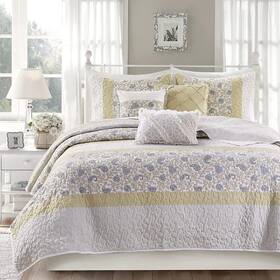 Mp13-7283 Madison Park Cotton Quilt Set Floral Stitching Coverlet Full/queen Yellow 6pc