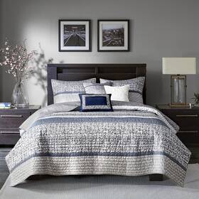 Mp13-7424 Madison Park King Quilt Set - Lustrous Jacquard And Glitter Accent Coverlet For Siz