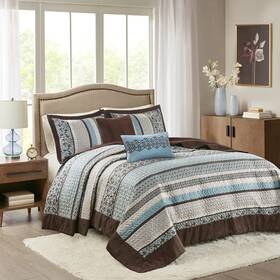 Mp13-7966 Madison Park Queen Size Bedding Oversized Bedspread Blue Brown Medallion Glam Lightweight 5pc