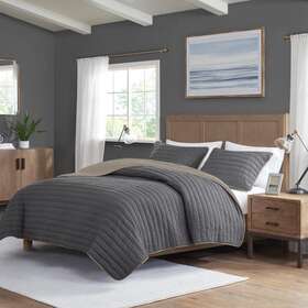 Mp13-8152 Madison Park Quilt Set 3-pcs Polyester Reversible Cal King Size Solid Charcoal