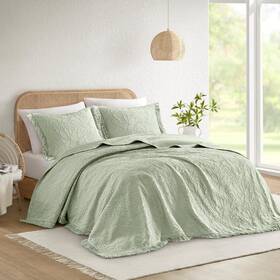 Mp13-8705 Madison Park King Bedspread Oversized Chenille Floral Bespread Fringes 3pc Sage
