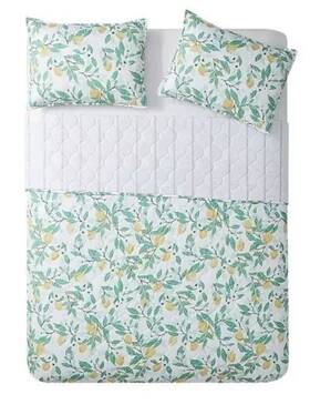 Mainstay 735732092633 Mainstays Lemon Yellow Gray White Striped Quilt Queen Reversible Farmhouse Style
