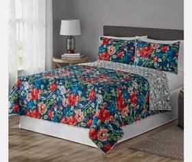 Mainstays 735732400902 Floral Red/blue Polyester Quilt Full/queen Reversible