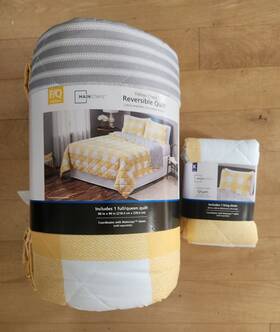 Msf266170522005 Mainstays Yellow Check Gray Stripe Reversible F/q Quilt And King Shams