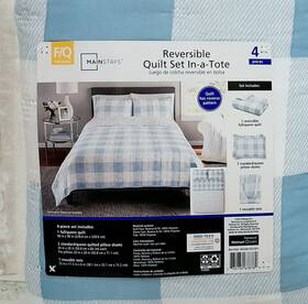 Pld-4qt-fuqu-wd-multi Mainstays Blue And White Plaid Reversible Quilt Set With Tote 4pc Queen Full F/q New