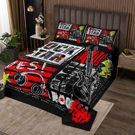 Wt7294zc-cg Manfei Usq Rock Roll Bedspread Queen Size Headset And Guitar Print Quilted 3 Piec