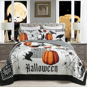 Marcielo 704001215608 3 Pcs Halloween Themed Quilt Bedspread Set - Cozy And Spooky Pumpk Inch