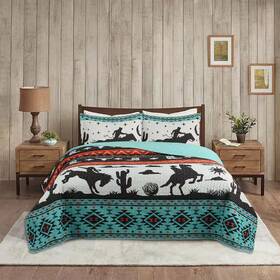Me501 Marcielo 744759631220 Southwestern Green/multi Cowboy Queen Polyester Quilt Bedspread Set