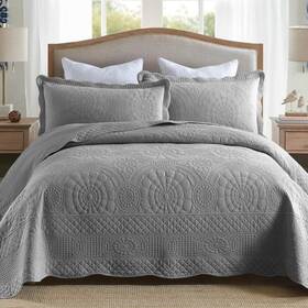 Marcielo 850050982654 3-piece 100% Cotton Oversized Bedspread Lightweight Quilt - King Grey