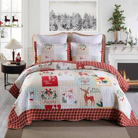 B023 Marcielo Q Christmas Quilt Set Queen 3pc Bedspread Reversible Microfiber