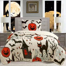 Me503 Marcielo Kids Halloween Themed Quilt Bedspread Set Pumpkins Black Cats Bats H