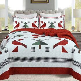 Me509-q Marcielo 3 Pieces Cardinals Quilt Set Christmas Tree Bedspread For All Season Soft