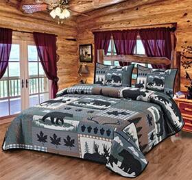 Marco International Inc. 689354021642 Woodland Symbols Quilt Queen Size Print Design Cabin Lodge Quilted Bedspread