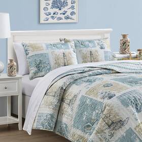 Market & Place 810083392226 3-piece Full/queen Size Coastal Quilt Set With Shams Reversible Lightweight