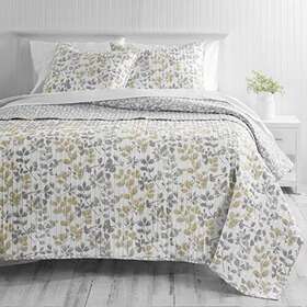 Martha Stewart 887719178233 Ryan Tan Grey Floral Queen Quilt Set - 3 Piece 100% Cotton Bedsp