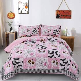 Rs16ac080948af-p Menghomeus Halloween Quilt Set Queen Pink Cartoon Patchwork Bedspread Skull Bat Festival