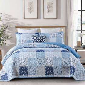 Rs16ac090522k3u-p Menghomeus Blue Quilt Set King Boho Patchwork Bedspread Floral Coverlet Rever