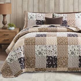 Rs16ac090538k3u-p Menghomeus Brown Quilt Set King Boho Patchwork Bedspread Floral Coverlet Reversible Bed Qui