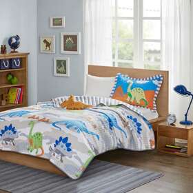 Mzk80-044 Mi Zone Kids Quilt Set 3-pcs Microfiber Reversible Dinosaur Multi-colored Twin