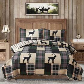 Minchi 192408645560 Lodge Quilt Set Full/queen Size Plaid Patchwork Rustic Cabin Bedding Moose De