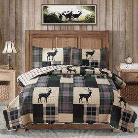Minchi 192408645577 Lodge Quilt Set King Size Plaid Patchwork Rustic Cabin Bedding Moose Deer Pri