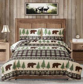 Minchi 445027330366 Cabin Bear Quilts King Size Lightweight Rustic Bedding Brown Green Lodge