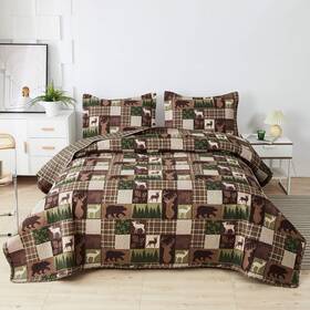 Minchi 726084704404 Lodge Bedspread Full/queen Size With 2 Shams Moose Bear Lightweight Rever