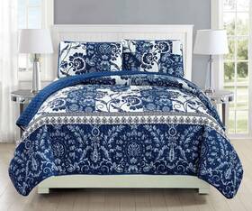 Mk Home 635309747372 Collection 3pc Bedspread Coverlet Quilted Floral White Navy Blue Over Size