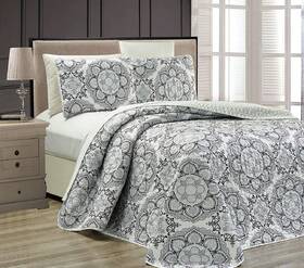 Mk Home 635309784384 Collection 3pc Queen Oversize Reversible Quilted Bedspread Set Floral Gray