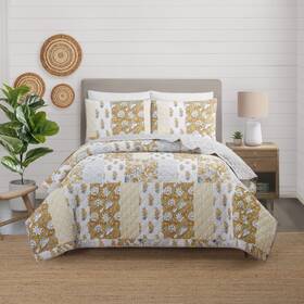 Modern Heirloom 041808140437 Saffron Quilt With 2 Shams Patchwork Print 3-piece All Seasons Set Li