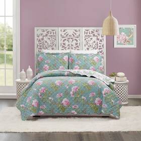 Modern Heirloom 041808180983 Darling Dahlia Quilt With 2 Shams Blue Floral 3-piece Reversible All Seasons
