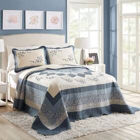 Modern Heirloom 041808924655 Blue Floral Embroidered Quilted Bedspread - Lightweight Breathable All Season