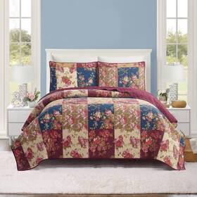 91257427 Modern Heirloom 2pc Cotton Germaine Quilt Set Navy / Burgundy Gold Twin
