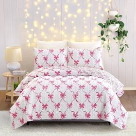 A011924pknds Modern Heirloom Pink And White Abigail Bow Reversible Quilt Pillow Sham Set Ultra Soft A