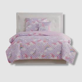 My World 783048117472 Purple Rainbow Unicorn Full 4 Piece Quilt Set