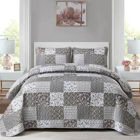 Mybedsoul 313050229247 Grey Boho Quilt Set King Size 3 Pieces Plaid Floral Bedspread Coverle