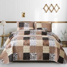 Mybedsoul 313055183179 Patchwork Quilt Set Queen Size 3 Pieces Brown Floral Plaid R