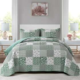 Mybedsoul 689742245162 Floral Patchwork Quilt Set 3 Pieces King Size Green Plaid Reversible Bedspread