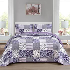 Mybedsoul 711181217322 Purple Quilt Set Queen Size 3 Pieces Boho Floral Plaid Bedspread Coverlet