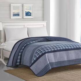 Nautica 445043492444 Adelson 1-piece Navy Blue Striped And Plaid Cotton Full/queen Quilt