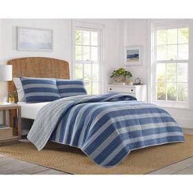 Ushsa91133027 Nautica Saltmarsh 3-piece Dark Blue Striped Cotton Full/queen Quilt Set