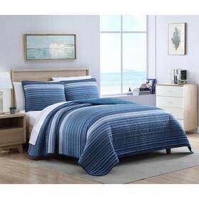 Ushsa91161138 Nautica Quilt Set Full/queen Cotton Reversible Soft Striped In Blue 3-piece