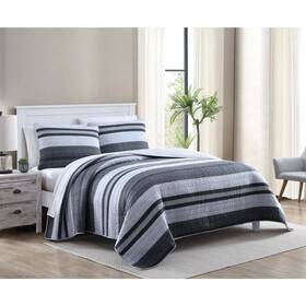 Ushsa91161647 Nautica Bedding 3-piece Gray Striped Reversible Cotton Full/queen Quilt Set