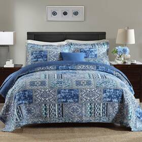 Newlake 712109419286 Cotton Quilt Set - Reversible Bohemian Patchwork Coverlet Blue Queen Size