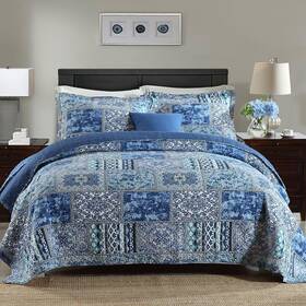 Newlake 712109419293 Cotton Bedspread Quilt Set Reversible Patchwork Coverlet Blue Bohemian