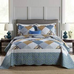Newlake 712109419439 Quilt Bedspread Sets-checkered Floral Reversible Coverlet Set Queen Size