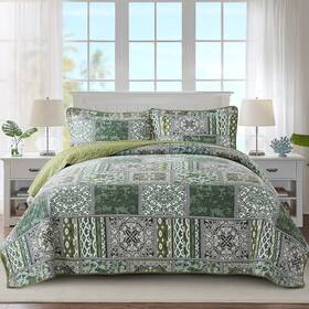 Newlake 712109420107 Cotton Reversible Quilt Set Green Bohemian Patchwork Queen Size Bedspread
