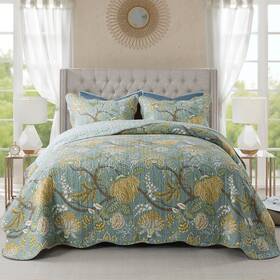 Newlake 712109420251 Cotton Bedspread Quilt Sets-reversible Patchwork Coverlet Set Green Floral P
