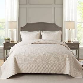 Newlake 712109420282 Quilt Bedspread Set Beige Jacquard Embossed Floral Pattern Reversible Embroi