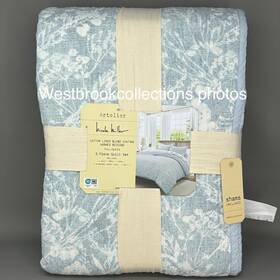 3574cs Nicole Miller Artelier Cotton Linen Vintage Washed 3pc Full/queen Quilt Set Blue